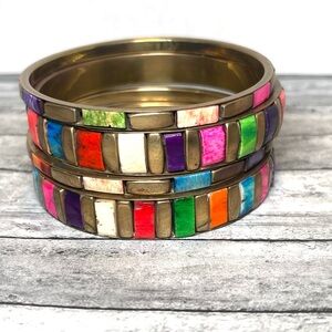 Vintage Brass Colorful Inlay Stackable Bangle Bracelets - Multi Color